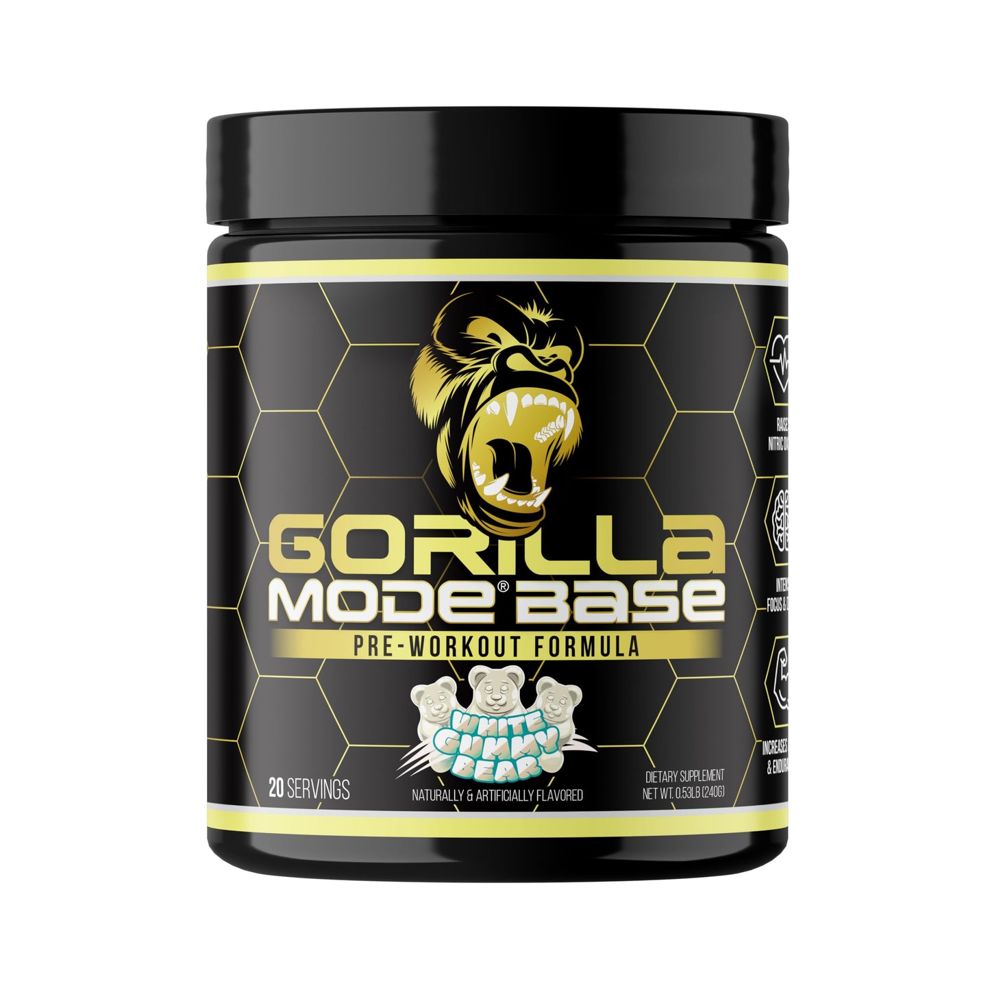 Gorilla Mode Base Pre Workout - Raises Nitric Oxide · Intense Focus & Drive · Endurance · Power - L-Citrulline, L-Tyrosine, Betaine, Alpha-GPC, Caffeine, Huperzine A - 234g (Mouthwatering Watermelon)