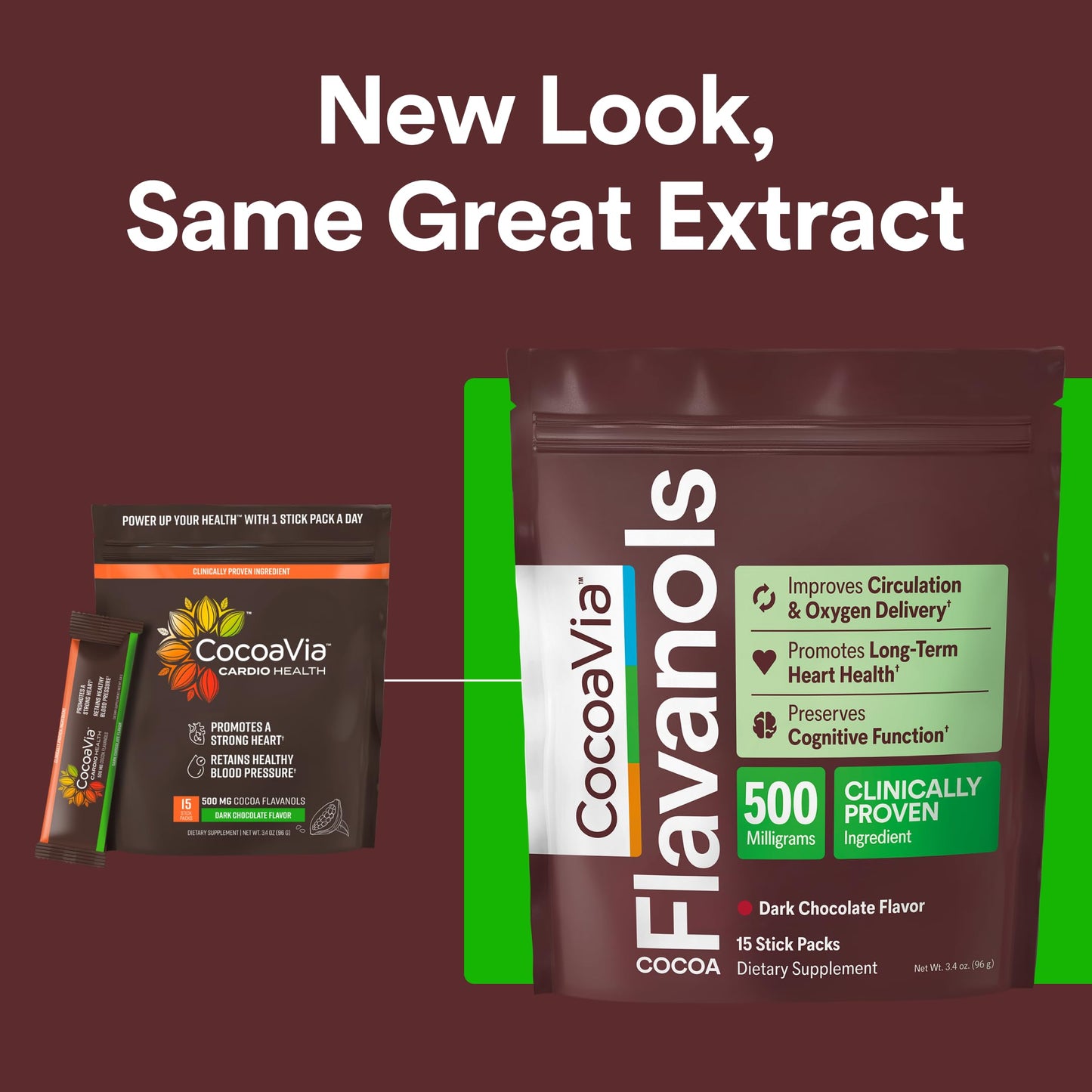 CocoaVia Cocoa Flavanols 500mg, High Flavanol Cocoa Powder, Support Heart and Brain Health, Boosts Nitric Oxide, Circulation, Preworkout, Travel-Friendly, Vegan, Dark Chocolate, 15 Single Serve Sticks CocoaVia