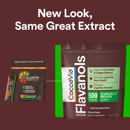 CocoaVia Cocoa Flavanols 500mg, High Flavanol Cocoa Powder, Support Heart and Brain Health, Boosts Nitric Oxide, Circulation, Preworkout, Travel-Friendly, Vegan, Dark Chocolate, 15 Single Serve Sticks CocoaVia