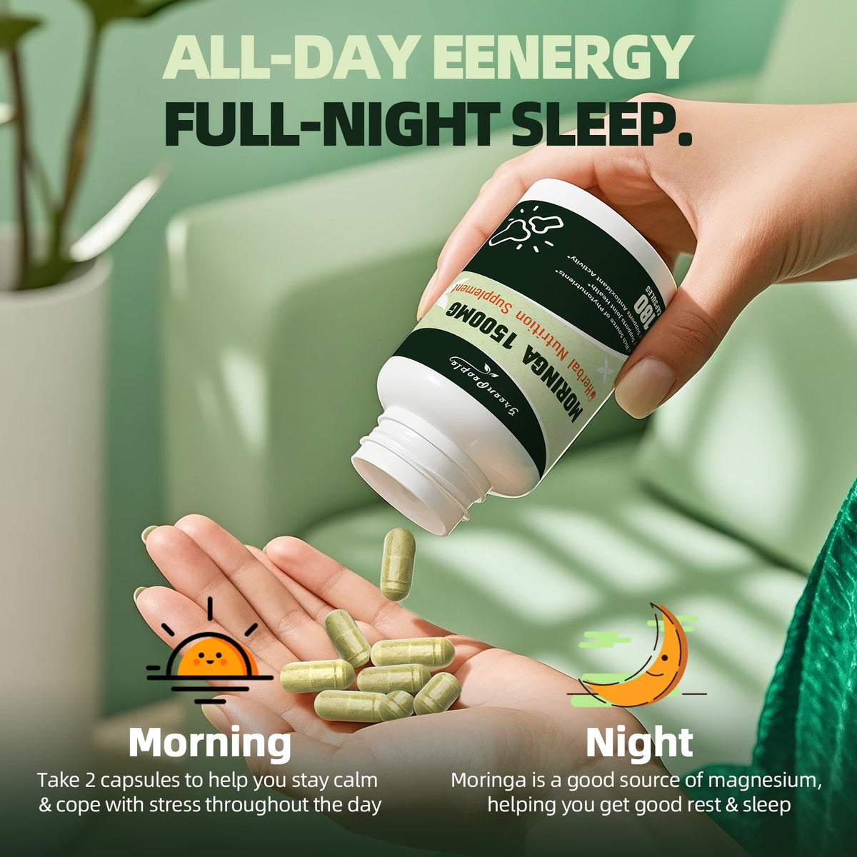 GREENPEOPLE Whole-Leaf Moringa Capsules 1500mg - High Potency 10:1 Moringa Oleifera Leaf Extract - Natural Green Superfood for Energy & Immune Support GREENPEOPLE