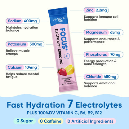 Venture Pal 2-in-1 Hydration Packets + Focus Support Electrolytes Powder, 7 Electrolytes + Vitamins, Magnesium, Lion's Mane & L-Theanine Venture Pal