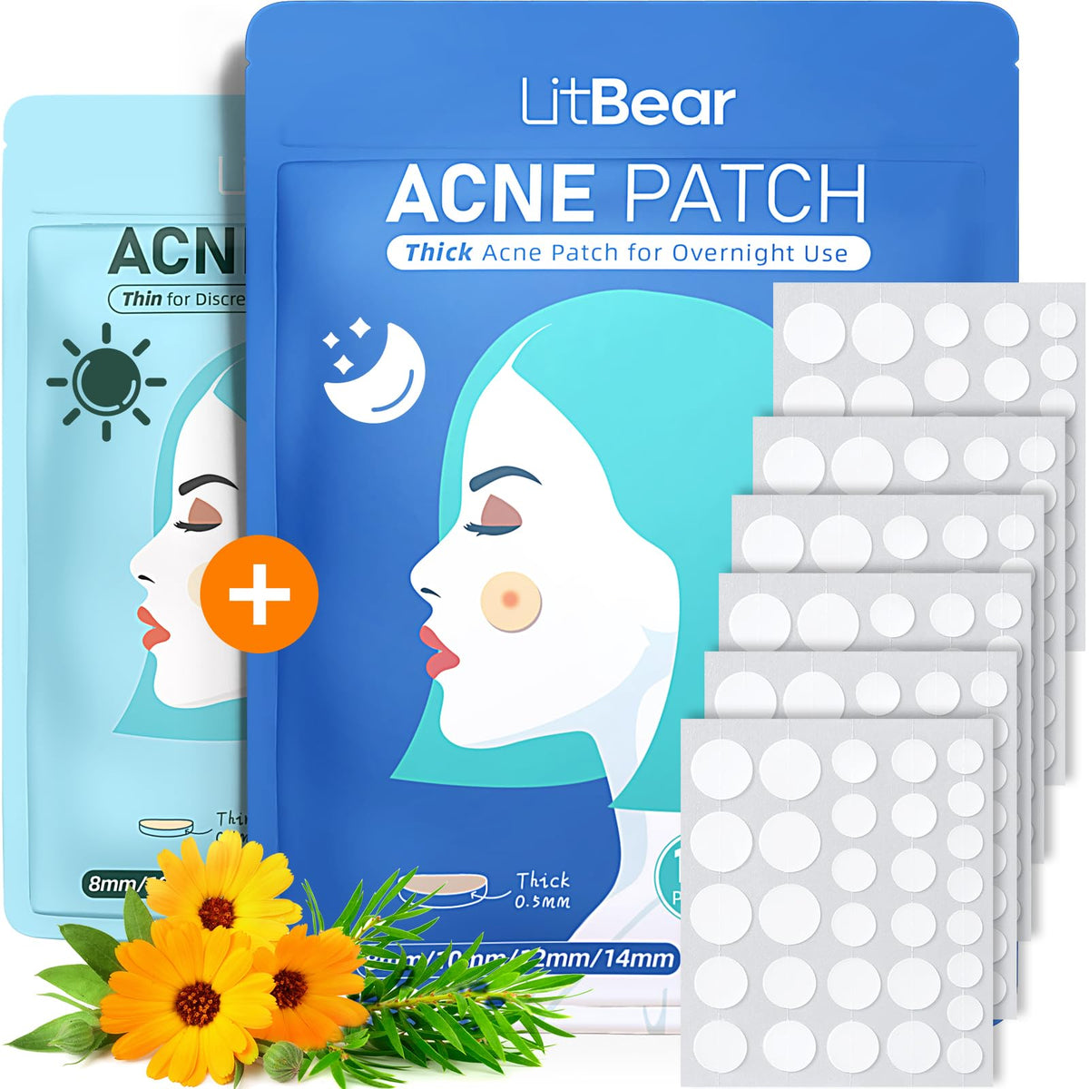 LitBear Acne Pimple Patches- Day and Night 4 Sizes 180 Dots Thin & Thick Hydrocolloid Patches with Witch Hazel, Tea Tree & Calendula Oil, Pimple Stickers for Covering Zits, Spots, Acne Dots LitBear