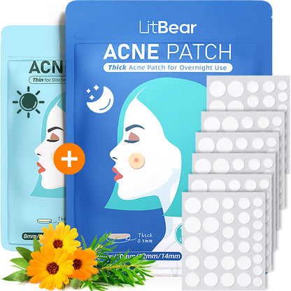 LitBear Acne Pimple Patches- Day and Night 4 Sizes 180 Dots Thin & Thick Hydrocolloid Patches with Witch Hazel, Tea Tree & Calendula Oil, Pimple Stickers for Covering Zits, Spots, Acne Dots LitBear