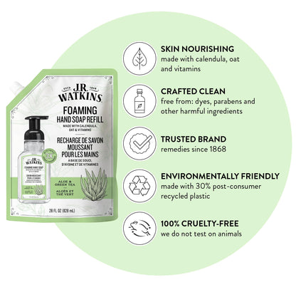 J.R. Watkins Foam Hand Soap Refill 2 Pack, Aloe & Green Tea, 28 fl oz J.R. Watkins