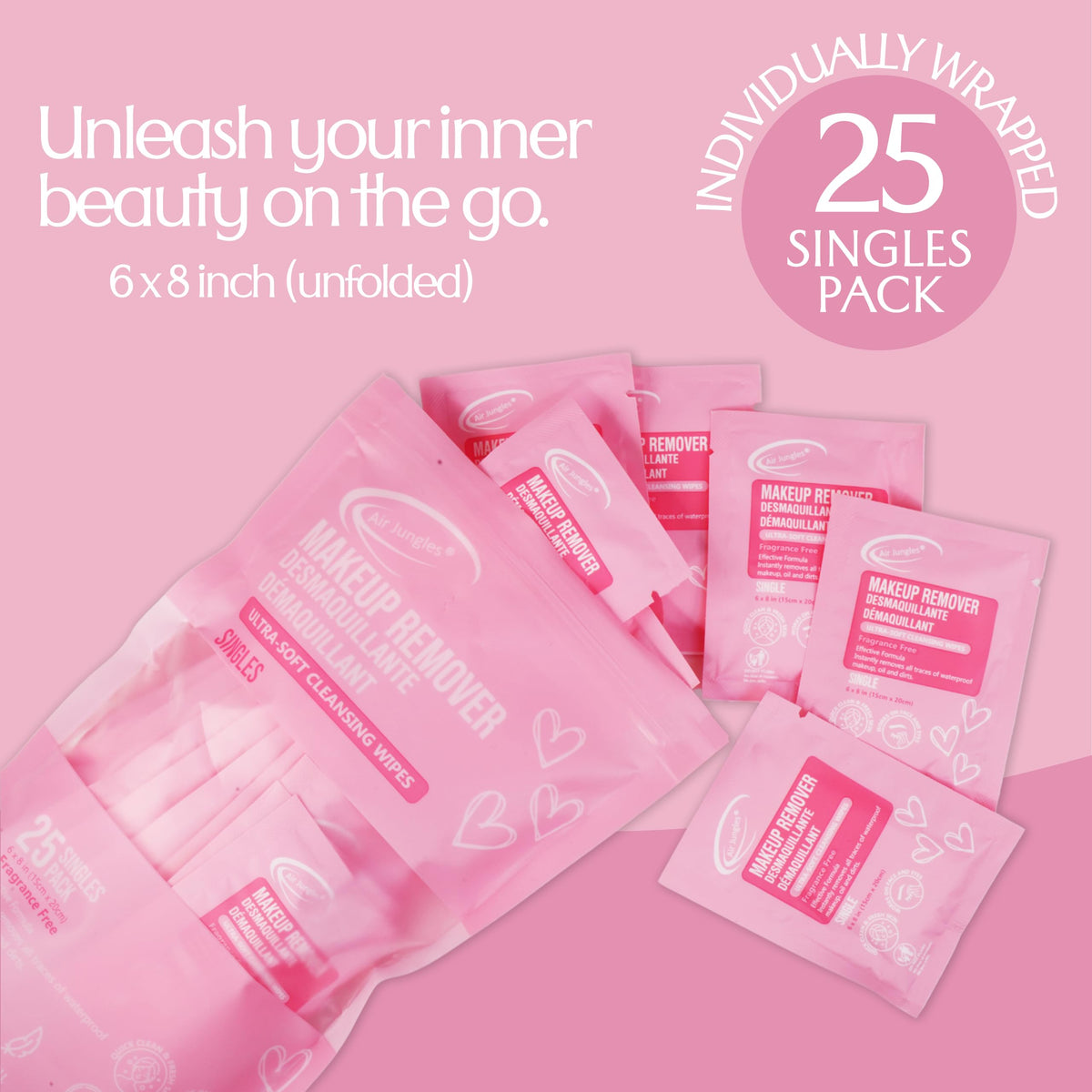Air Jungles Pink Micellar Makeup Remover Wipes 25 Ct, Individually Wrapped Air Jungles
