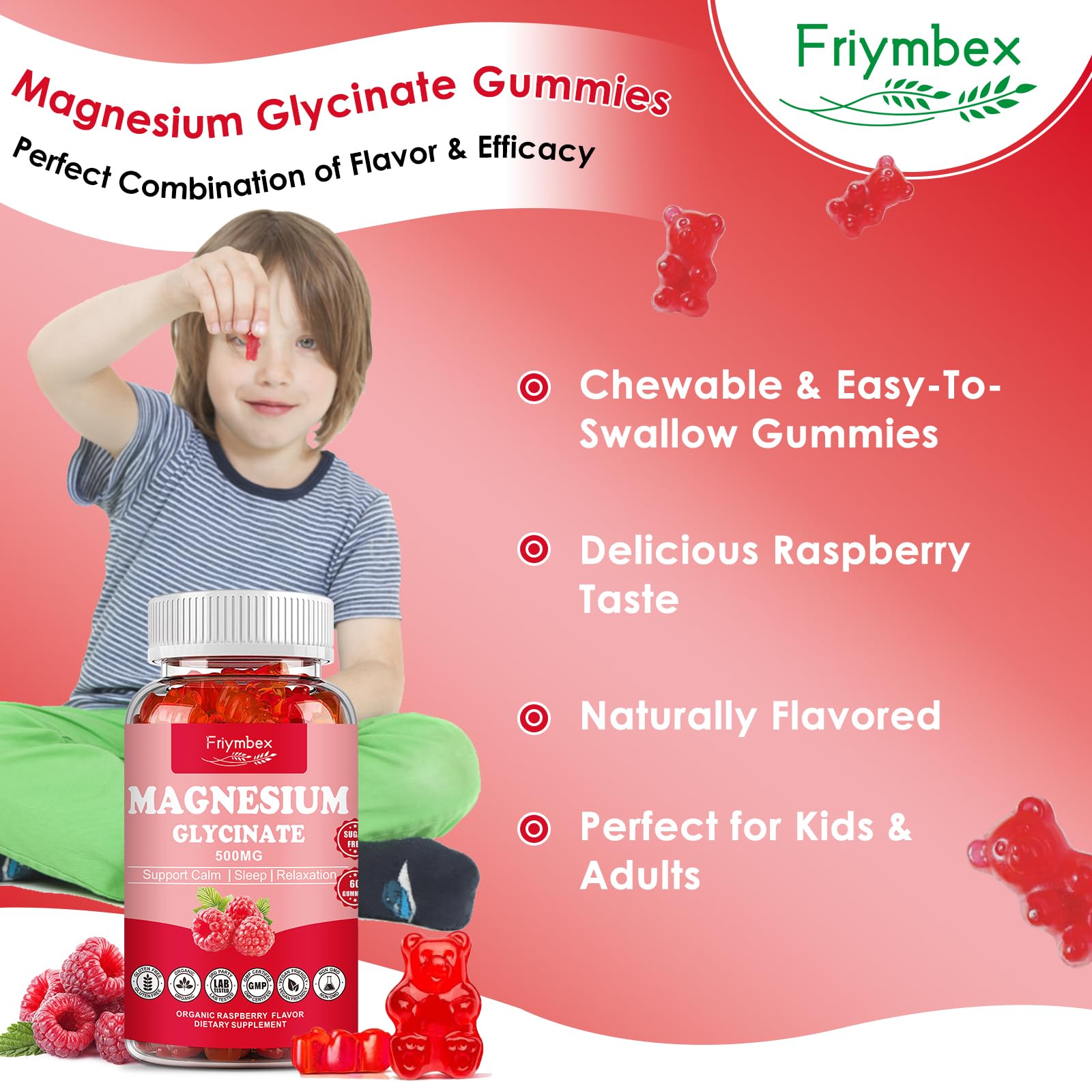 Magnesium Glycinate Gummies 500mg | Relaxation Calm Magnesium Gummies | Sugar-Free | Non-GMO | Gluten-Free | Vegan-Friendly for Adults & Kids (60 Raspberry Gummies) Friymbex buy australia supplements