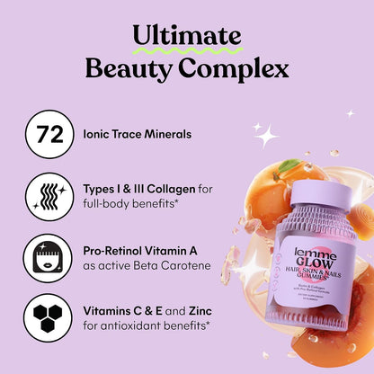 Lemme Glow Collagen Gummies for Thick Hair, Strong Nails & Healthy Skin with Multi-Collagen Peptides, Biotin, Trace Minerals, Zinc, Vitamins A, C & E, Dairy & Gluten Free, Peach Flavor, 60 ct.