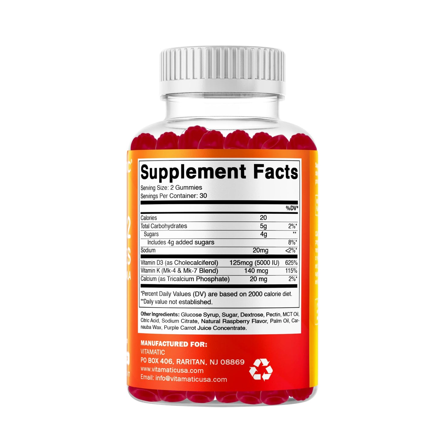 Vitamatic Vitamin D3 & K2 Gummies (2-Pack, 60 Count) Supports Healthy Bones, Heart Health, Calcium Absorption, Vitamatic