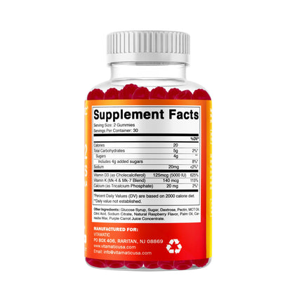 Vitamatic Vitamin D3 & K2 Gummies (2-Pack, 60 Count) Supports Healthy Bones, Heart Health, Calcium Absorption, Vitamatic