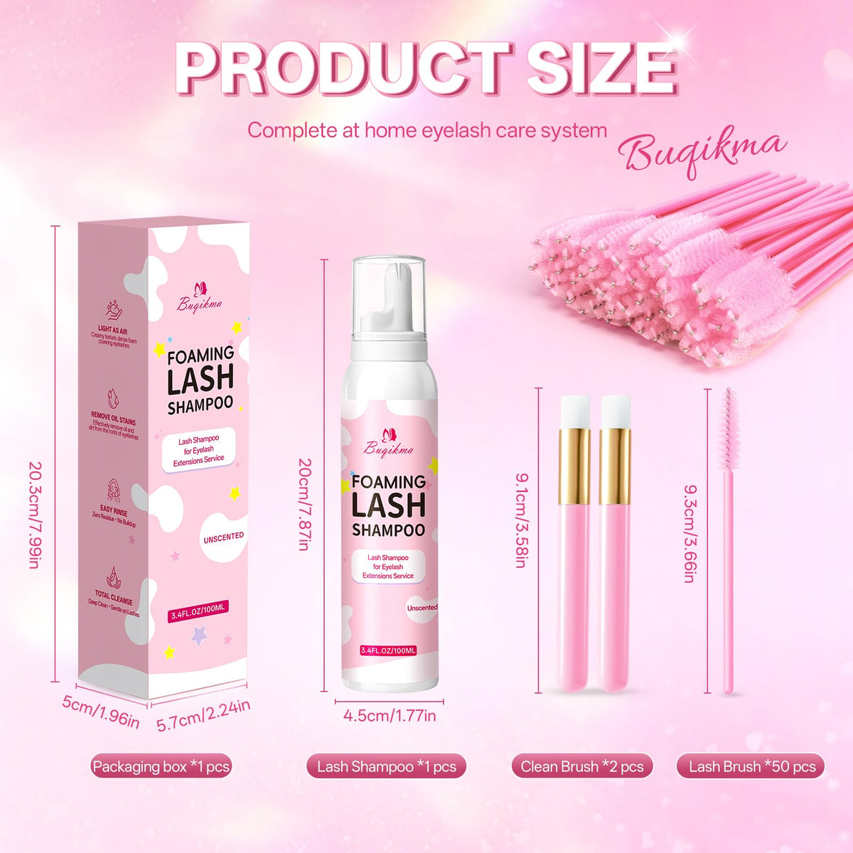 Buqikma Foaming Lash Shampoo Eyelash Extension Cleanser 3.4Fl Oz, Unscented Buqikma