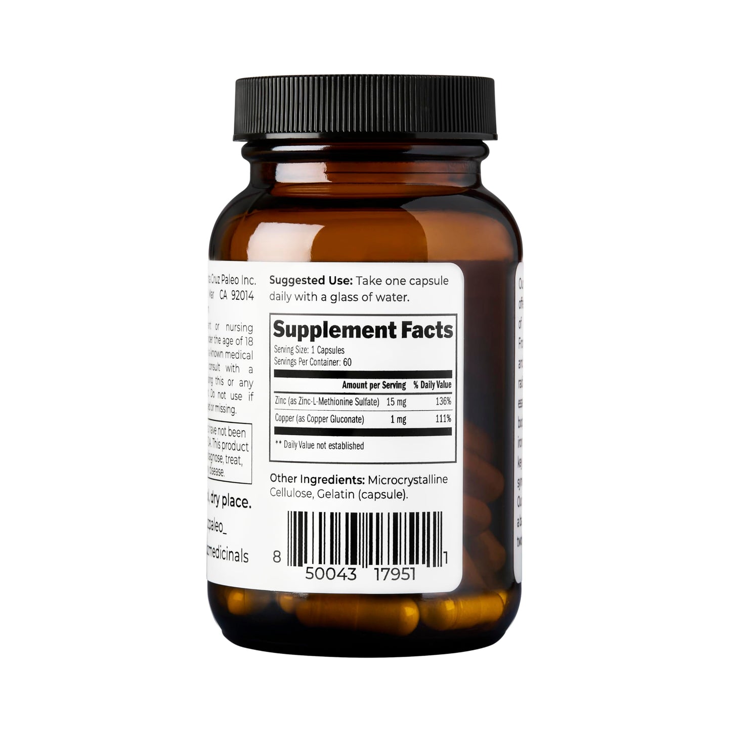 Santa Cruz Paleo, Zinc & Copper Mineral Supplement, High Absorption Formula, Zinc Supplement for Skin & Hair, L Methionine, Copper Gluconate, Trace Minerals Santa Cruz Paleo