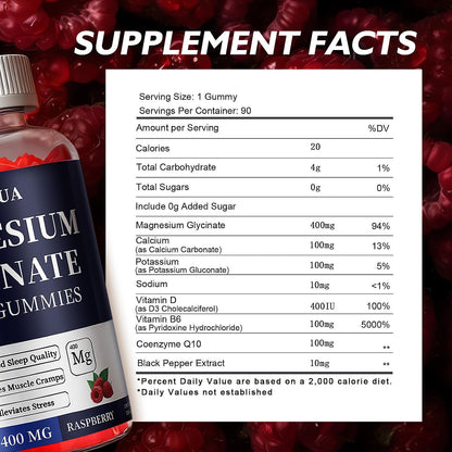 Magnesium Glycinate 400mg Gummies, Sugar Free Magnesium Gummies with Vitamins D, B6 for Sleep Support, OUYIYUA