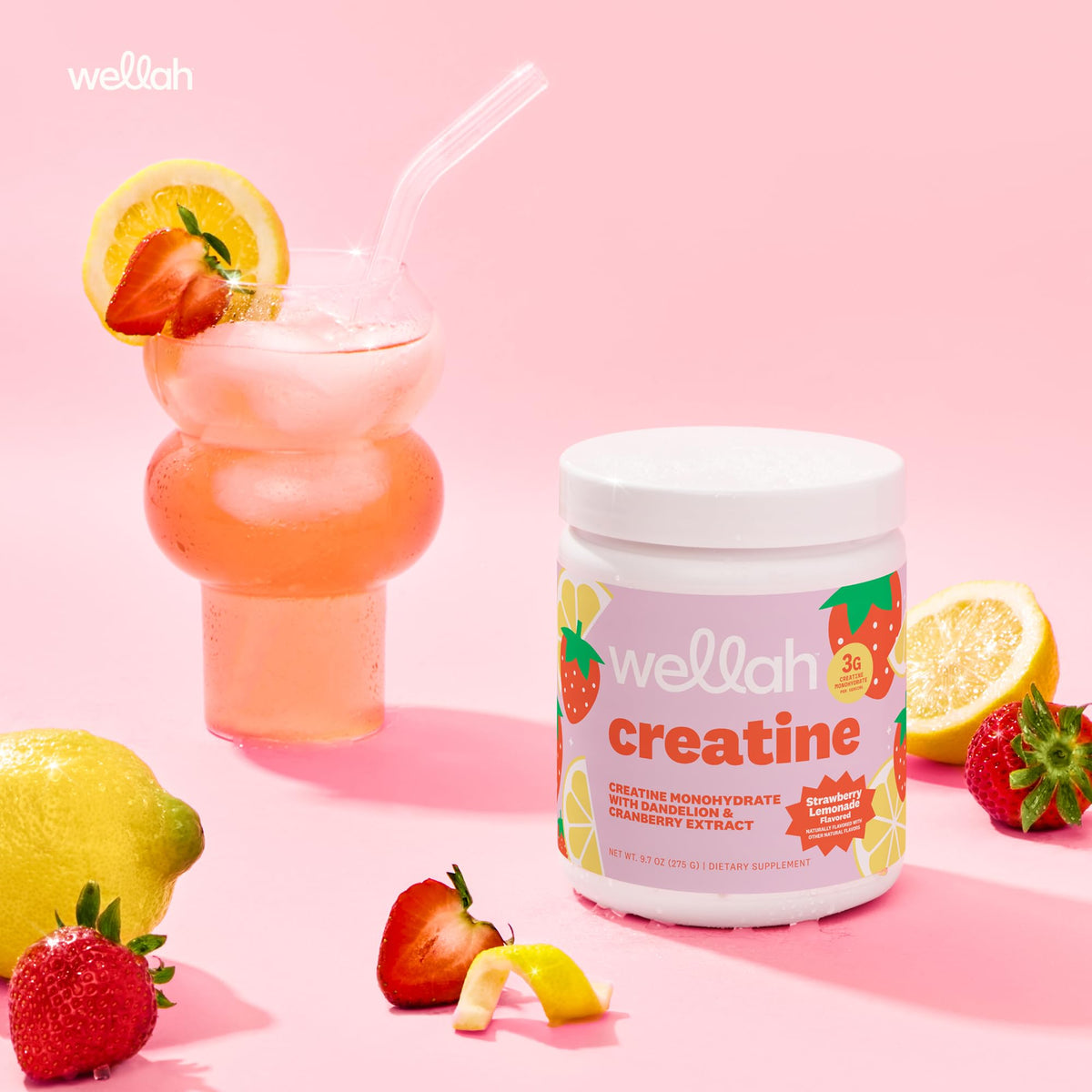 Wellah Creatine for Women - Creatine Monohydrate with Dandelion & Cranberry Extract (50 Servings, Strawberry Lemonade) Wellah