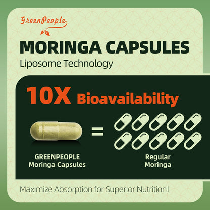 GREENPEOPLE Whole-Leaf Moringa Capsules 1500mg - High Potency 10:1 Moringa Oleifera Leaf Extract - Natural Green Superfood for Energy & Immune Support GREENPEOPLE