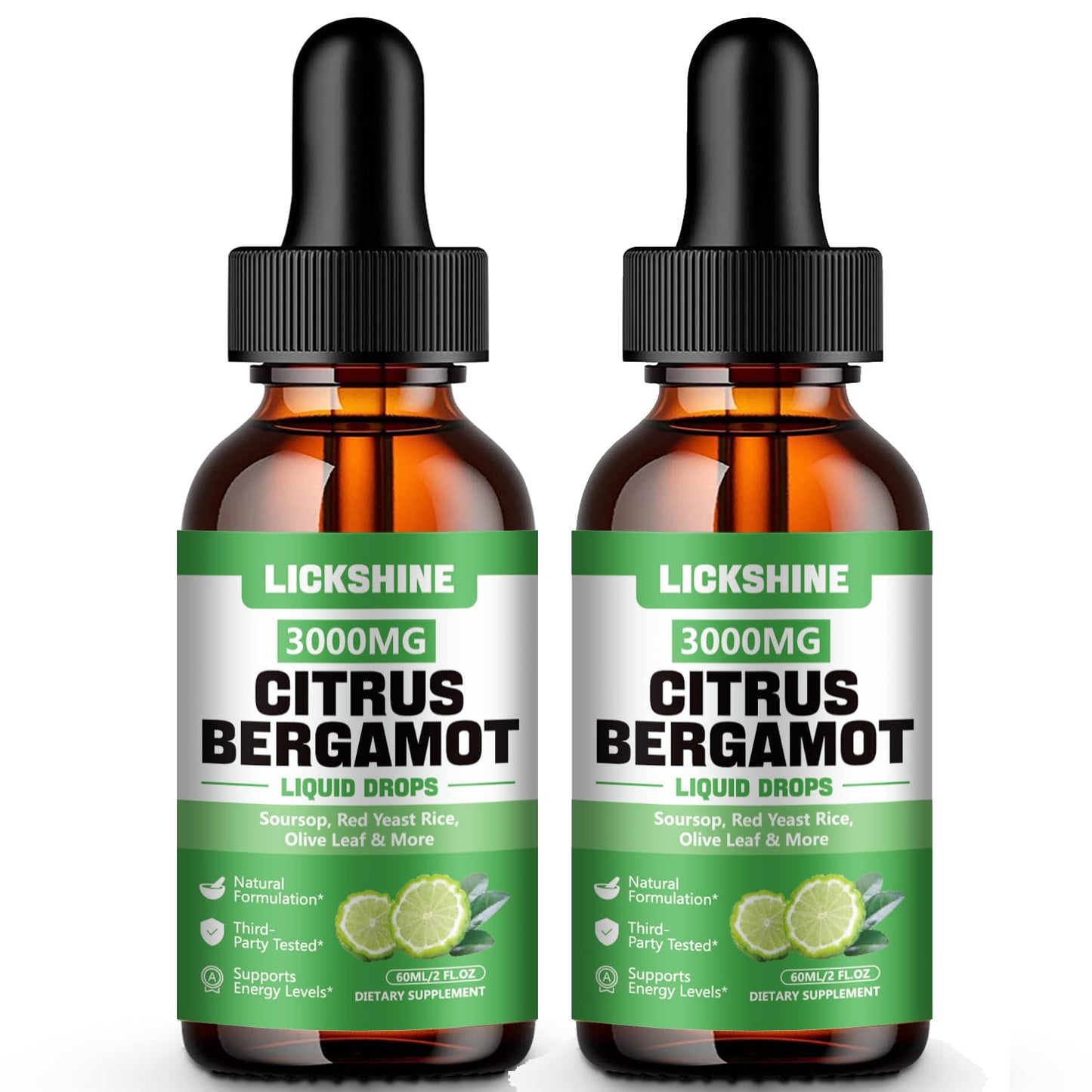 lickshine 2 Pack 3000mg Citrus Bergamot Liquid Drops - High Absorption - Cholesterol Lowering Supplement for Immune Support Anti-Aging, lickshine
