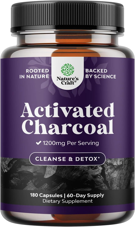 Activated Charcoal Capsules 1200mg - Coconut Charcoal Pills Stomach - 180ct | Activated charcoal powder in capsules / tablets (carbon activado), 1200mg / serving - digestive comfort & healthy gut Gsupps Australia