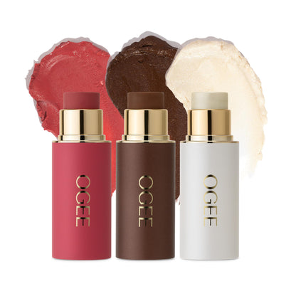 Ogee Face Stick Crystal Collection Trio - Contour Stick Makeup Collection - Certified Organic Contour Palette - Includes Bronzer Stick, Blush Stick & Highlighter Stick Ogee