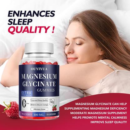 Magnesium Glycinate 400mg Gummies, Sugar Free Magnesium Gummies with Vitamins D, B6 for Sleep Support, OUYIYUA