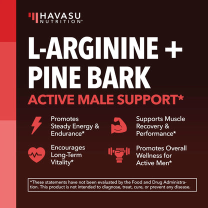 L-Arginine 1800mg and Pine Bark Extract 100mg - Nitric Oxide Supplement for Men - Performance Supplement for Men's Health - 90 Count - Endurance, Recovery Support HAVASU NUTRITION