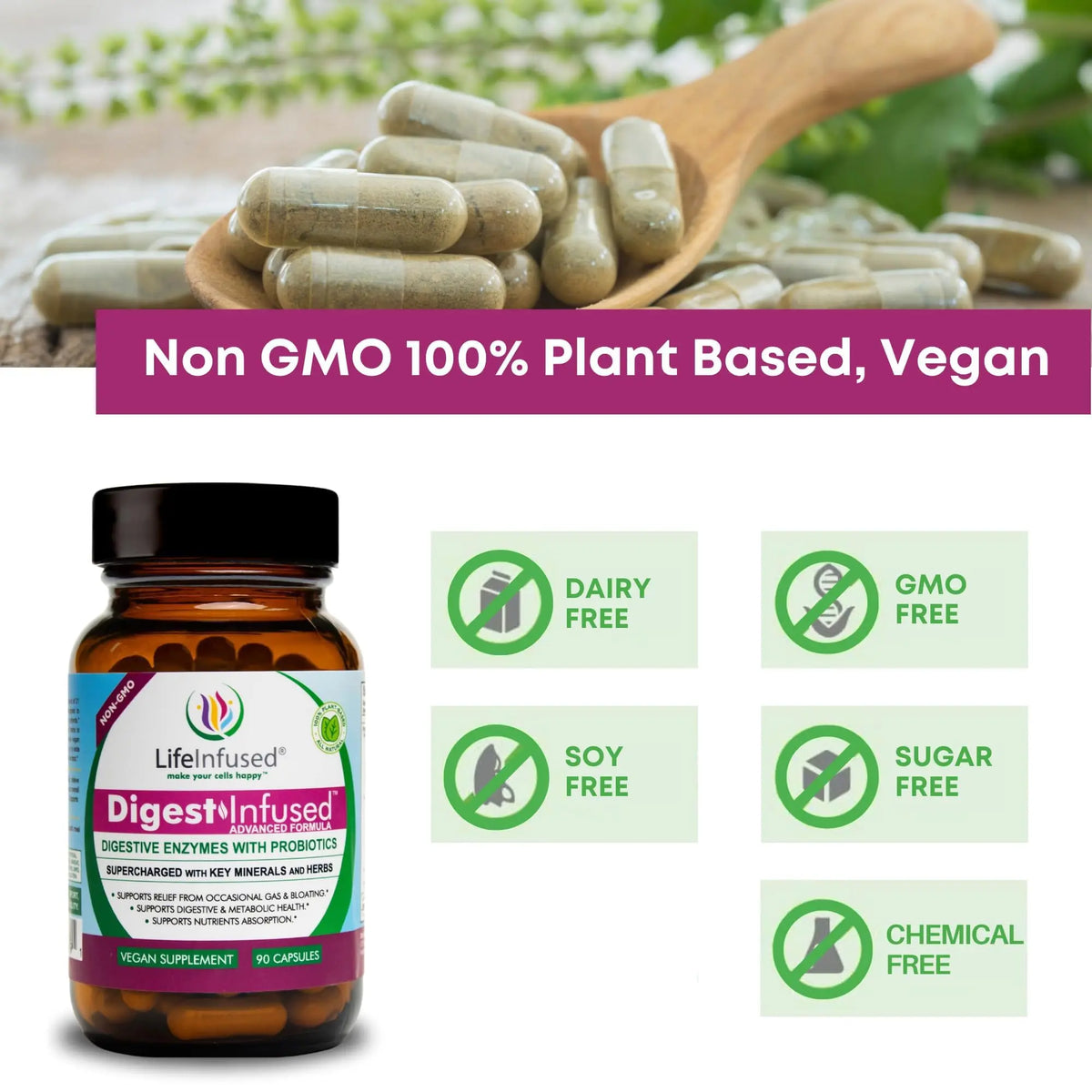 Life Infused Digestive Enzymes with Probiotics – 21 Plant-Based Enzymes with Bromelain, Papain, Amylase & Protease – Digestive Support for Gas & Bloating – Life Infused