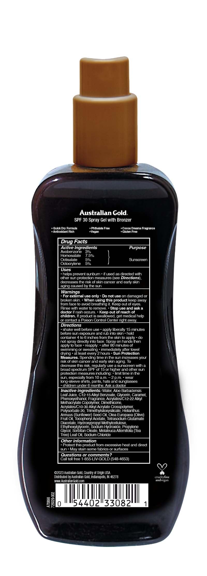 Australian Gold Spray Gel Sunscreen SPF 30 Broad Spectrum | Instant Bronzer Australian Gold