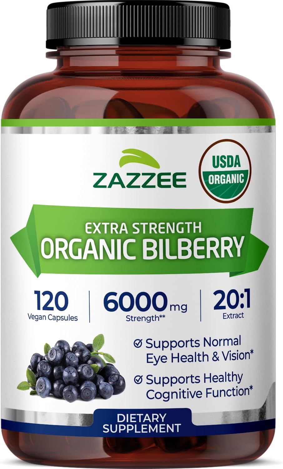 Zazzee USDA Organic Bilberry 20:1 Extract, 120 Capsules, 4 Month Supply | Vegan, Vaccinium Myrtillus, Eye Health, Vision & Antioxidant Support, All-Natural, Non-GMO, Made in the USA Gsupps Australia