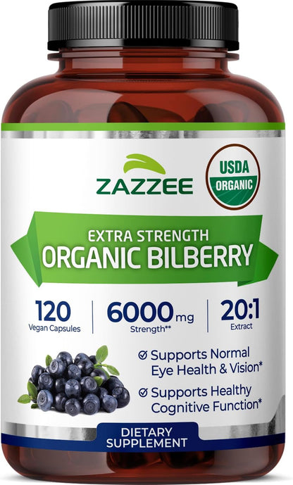 Zazzee USDA Organic Bilberry 20:1 Extract, 120 Capsules, 4 Month Supply | Vegan, Vaccinium Myrtillus, Eye Health, Vision & Antioxidant Support, All-Natural, Non-GMO, Made in the USA Gsupps Australia