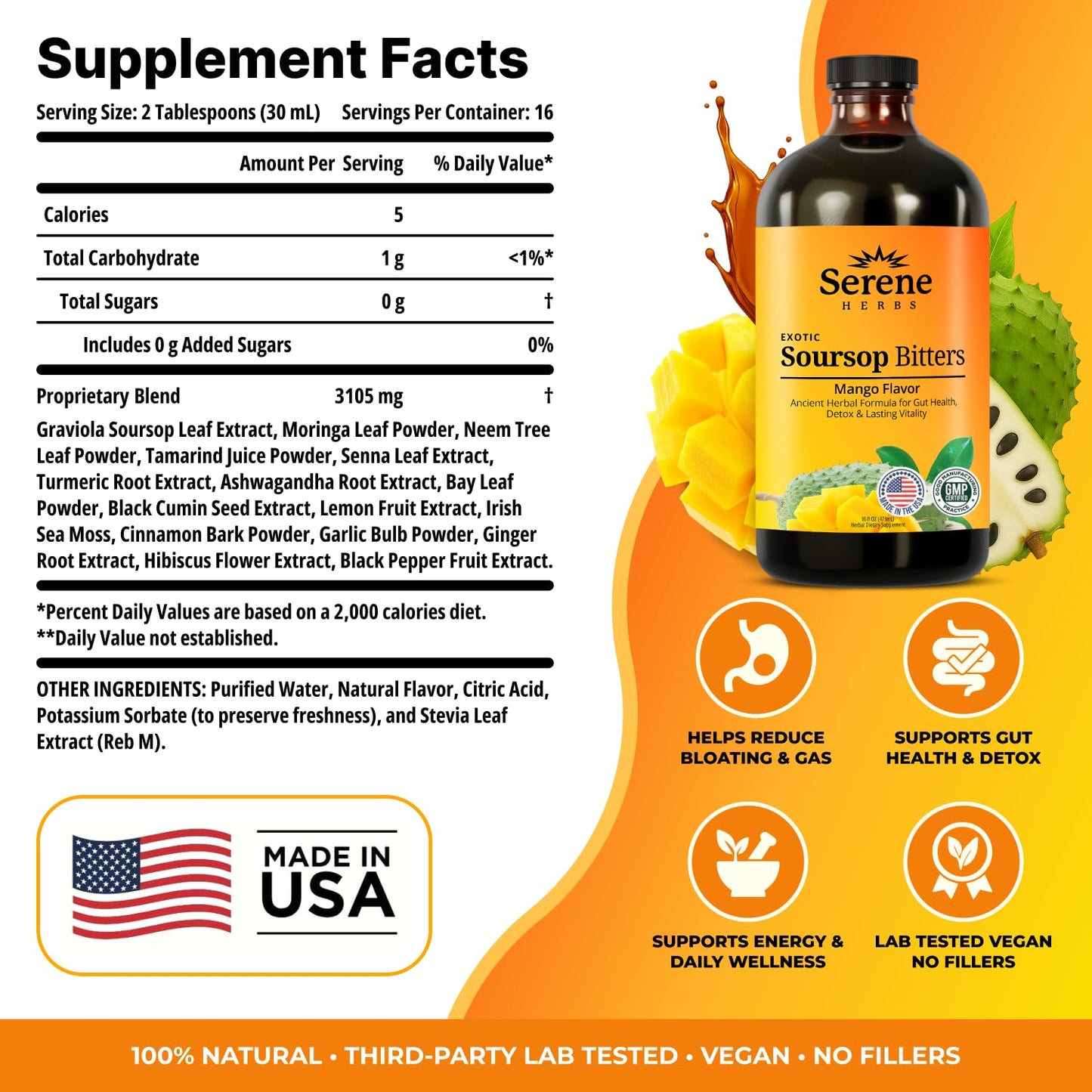 Serene Herbs Soursop Bitters Liquid with Soursop Leaves for Gut Cleanse, Detox & Immune Boost with Black Seed, Moringa, Irish Moss, Ashwaganda, Turmeric, 16 fl oz (16 Fl, Soursop)