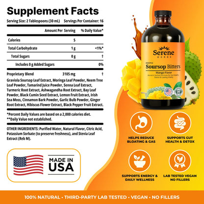 Serene Herbs Soursop Bitters Liquid with Soursop Leaves for Gut Cleanse, Detox & Immune Boost with Black Seed, Moringa, Irish Moss, Ashwaganda, Turmeric, 16 fl oz (16 Fl, Soursop)