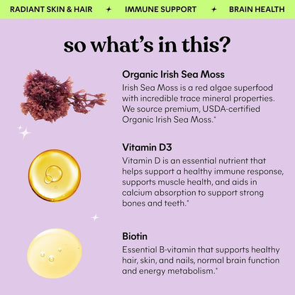Lemme Irish Sea Moss Organic Liquid Drops with Vitamin D3 & Biotin, Thyroid, Immunity, Hair Skin & Nails & Brain Health Support, Trace Minerals, Sugar Free, 1 oz, 30-Day Supply