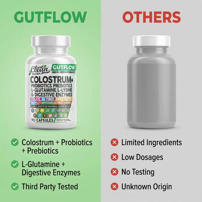 Clean Nutraceuticals Colostrum Supplement Capsules Probiotics Pills Prebiotics, L-Glutamine, Digestive Enzymes, Folate, Fiber, ACV, Turmeric, Apple Pectin and Turmeric Pills Clean Nutraceuticals