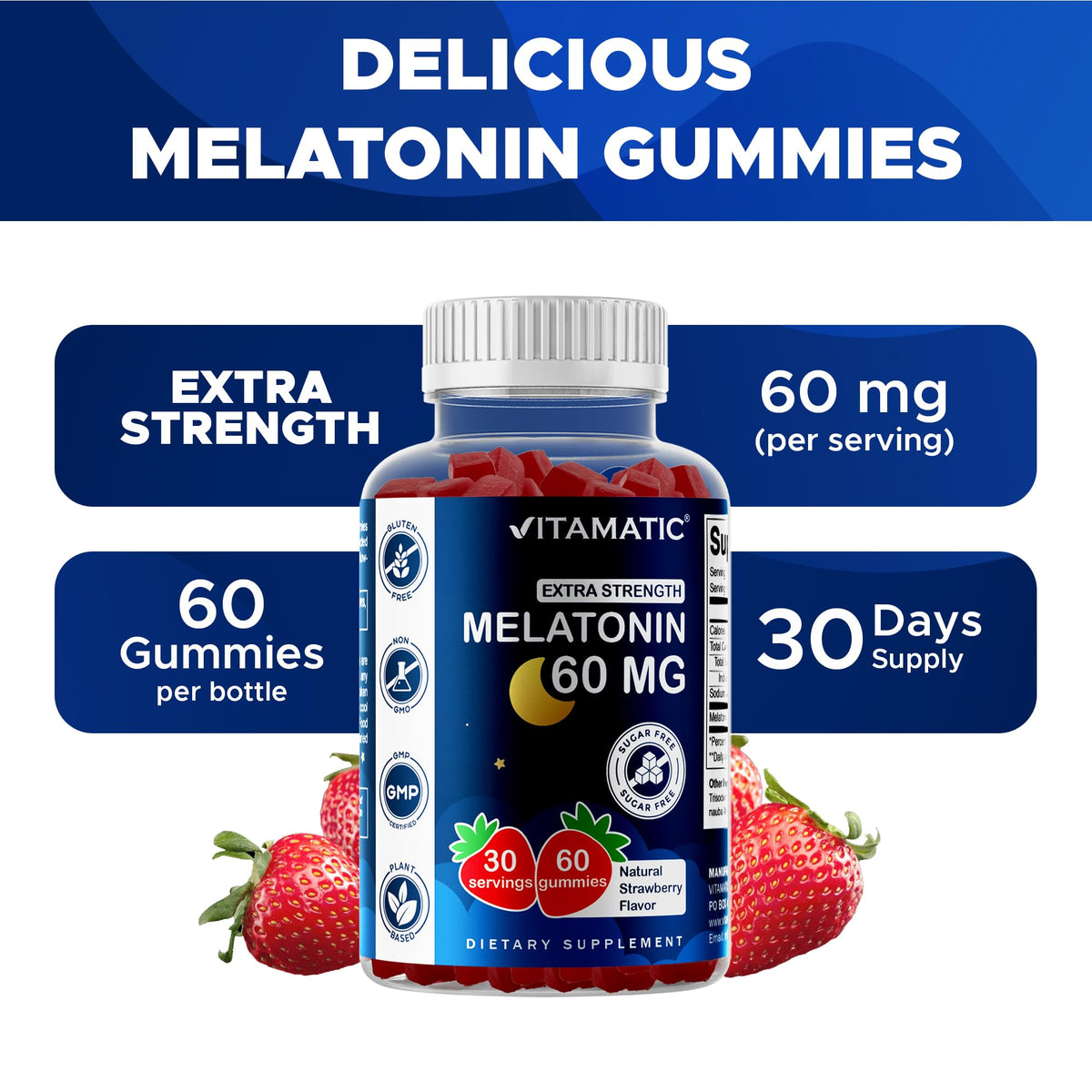 Vitamatic Sugar Free Melatonin 60 mg - 60 Vegetarian Gummies - Non-Habit Forming Supplement Vitamatic