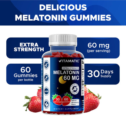 Vitamatic Sugar Free Melatonin 60 mg - 60 Vegetarian Gummies - Non-Habit Forming Supplement Vitamatic