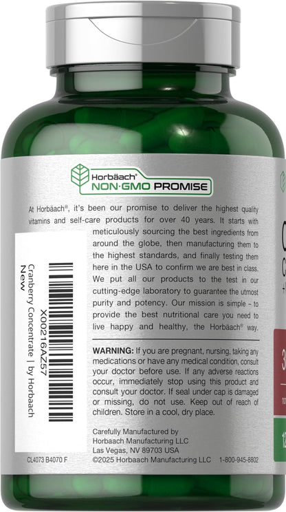 Horbäach Cranberry Concentrate Extract Pills + Vitamin C | 120 Capsules | Supplement for Women and Men | Triple Strength Ultimate Potency Formula Horbäach