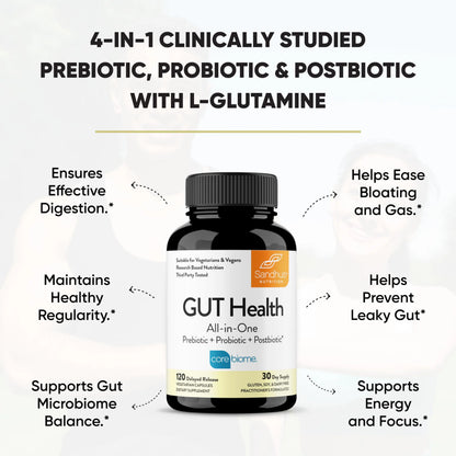 Sandhu's Gut Health - Prebiotic, Probiotic, Postbiotic & L-Glutamine | Digestive Health, Colon, Probiotic Total Supplements | 120 Delayed Release Capsules Sandhu's