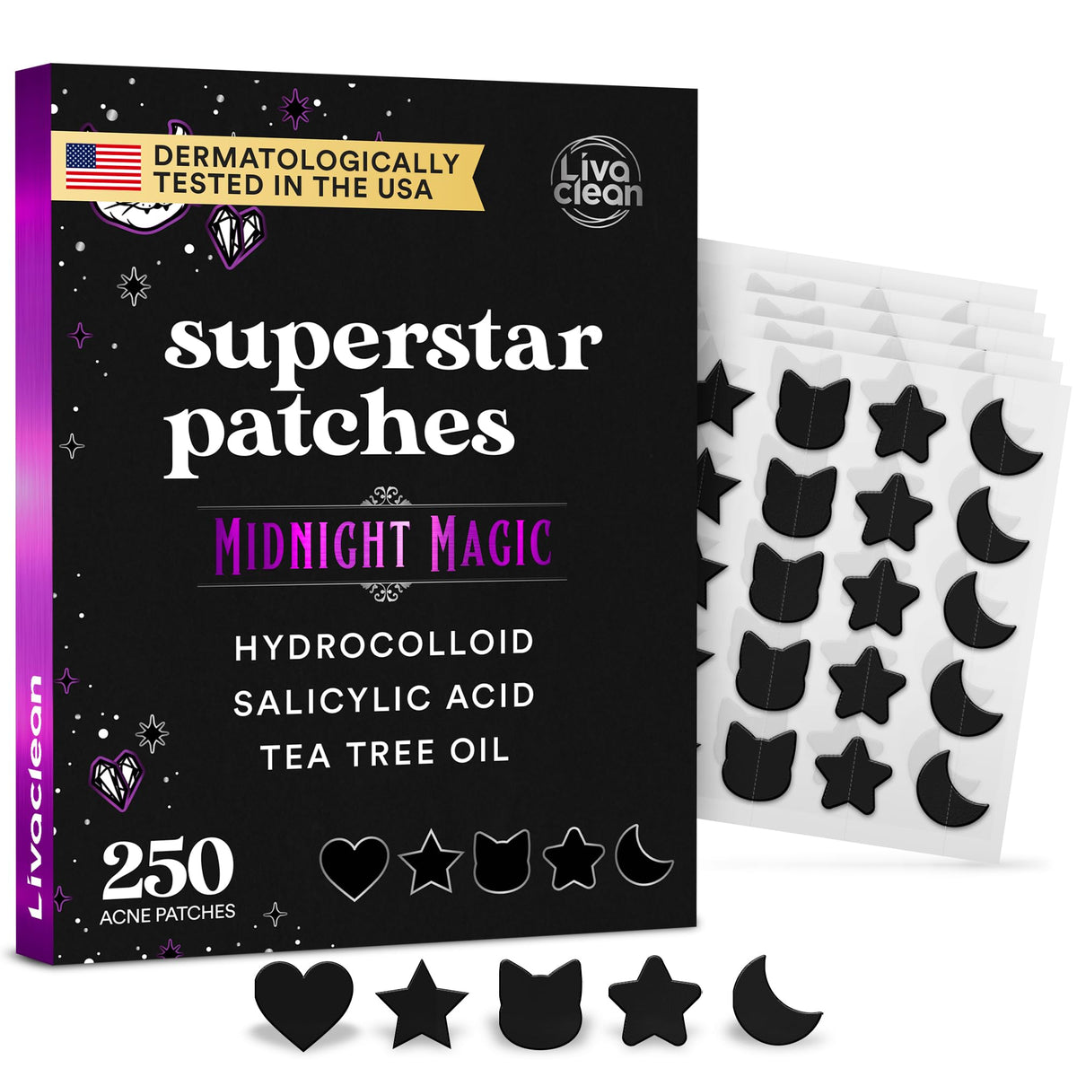 Livaclean 250CT Black Star Pimple Patches for Face - Hello Kitty Pimple Patches Black w/Salicylic Acid & Tea Tree Oil - HSA/FSA Compliant Hydrocolloid Acne Patch, Cute Blemish Patches, Zit Patch LivaClean