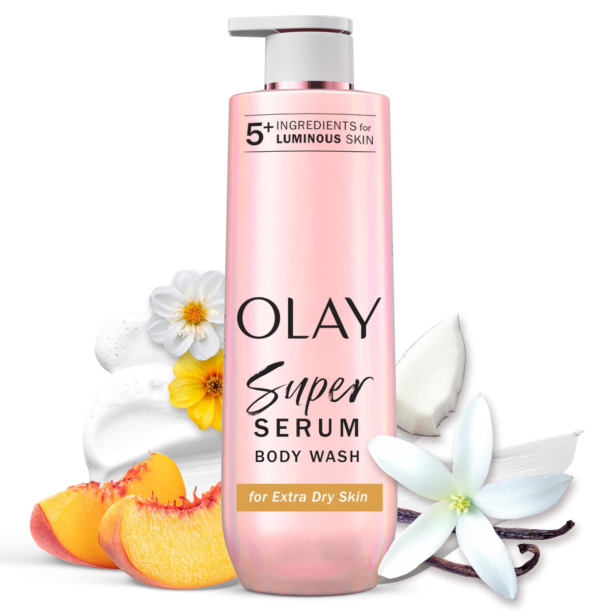 Olay Super Serum Body Wash for Extra Dry Skin, 24hr Long Lasting Rich Hydration, 5+ Ingredient Complex for Bright, Even, Firm, & Luminous Skin, with Collagen Peptide, Vitamin C & Shea Butter, 20 fl oz Olay