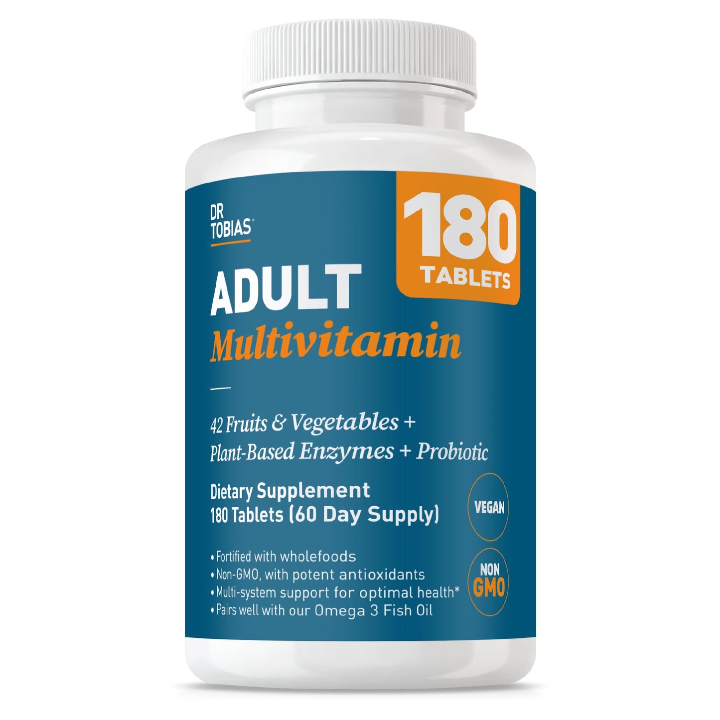 Dr. Tobias Adult Multivitamin for Women & Men - Immune Supporting Vitamins from 42 Fruits, Vegetables, Plus Probiotics, Vegan Multivitamins for Men & Women - Non-GMO (90 Tablets, 30 Servings)