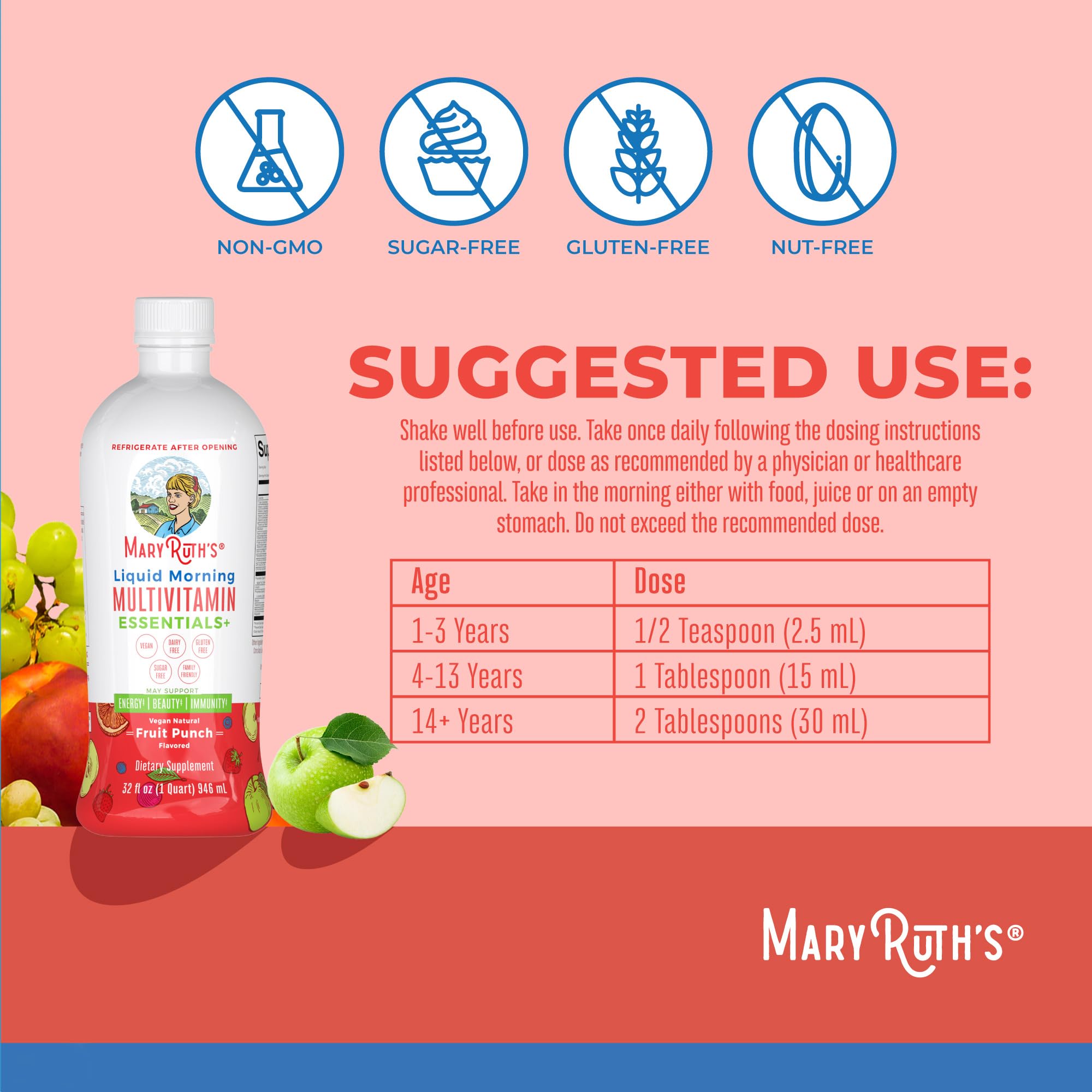 MaryRuth Organics Liquid Morning Multivitamin Essentials+ | Vitamin A C D E B6 B12 Biotin Zinc, Mens Womens Multivitamin, Immune Support, Beauty | Sugar Free | Vitamins for Ages 1+ | Vegan | 32 Fl Oz MARYRUTH'S buy australia supplements