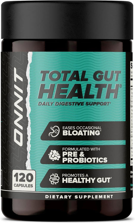 ONNIT Total Gut Health Daily Digestive Support, IGEN Non-GMO Tested Digestion Supplement for Women and Men with 7 Strains of Probiotics, Prebiotics, Enzymes and Betaine HCL, 120 Count