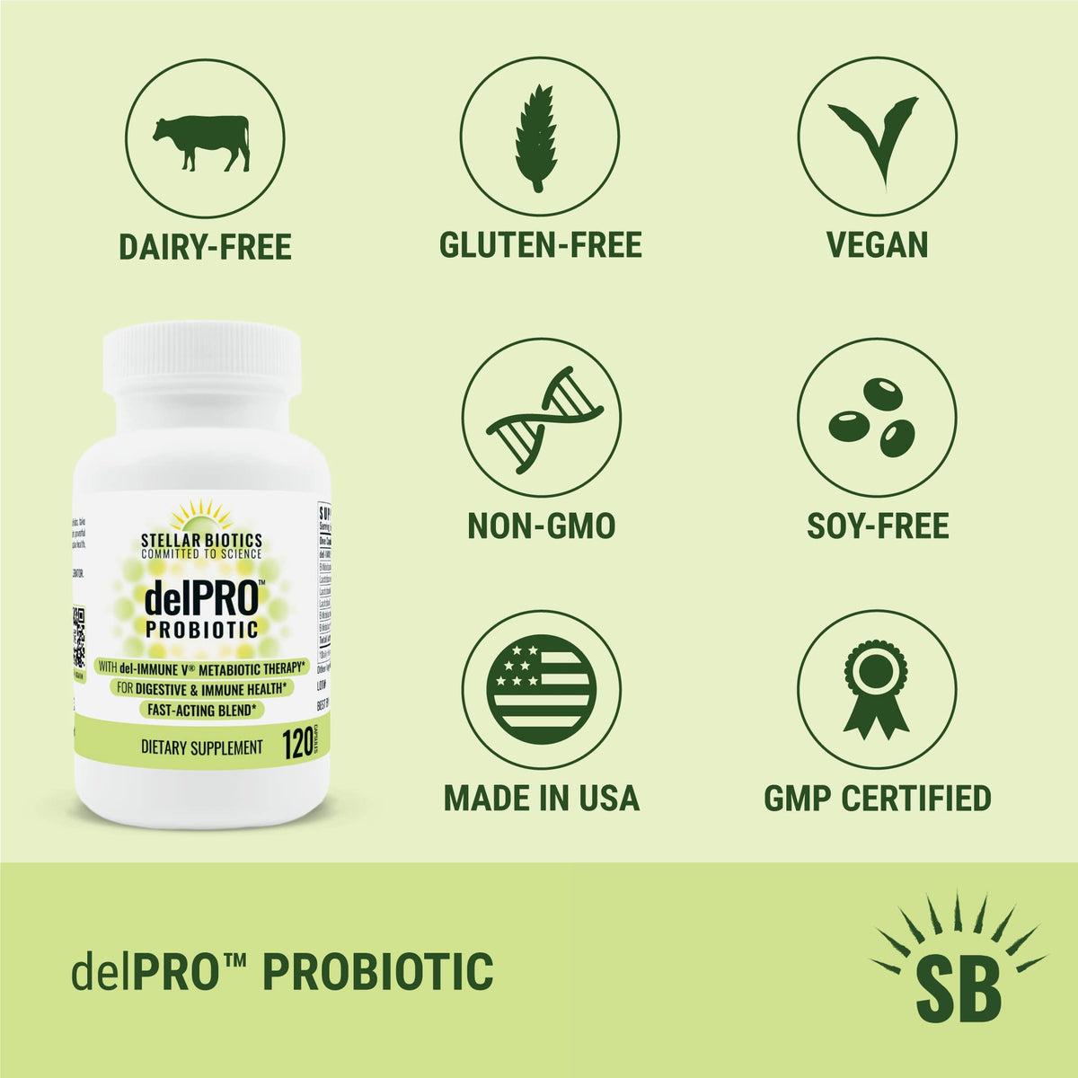 Del-Immune V® + Delpro Probiotic & Prebiotic Blend by Stellar Biotics - Promotes Optimal Gut Health, Digestion, Immune Support & Mood (120 Capsules) Del-Immune V