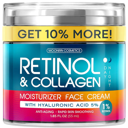 Retinol Cream for Face with Hyaluronic Acid, Day-Night Anti-Aging Moisturizer for Women, Men, Collagen Cream for Face Reduces Wrinkles, Dryness, 1.85 Oz MOONRIN COSMETICS