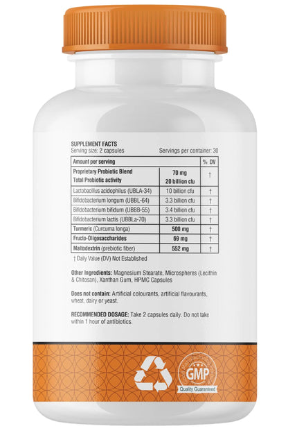 obel Probiotic & Prebiotic Supplement with Turmeric | 20 Billion CFU | 60 Capsules (30 Day Supply) | 4 Strains | Supports Digestion obel