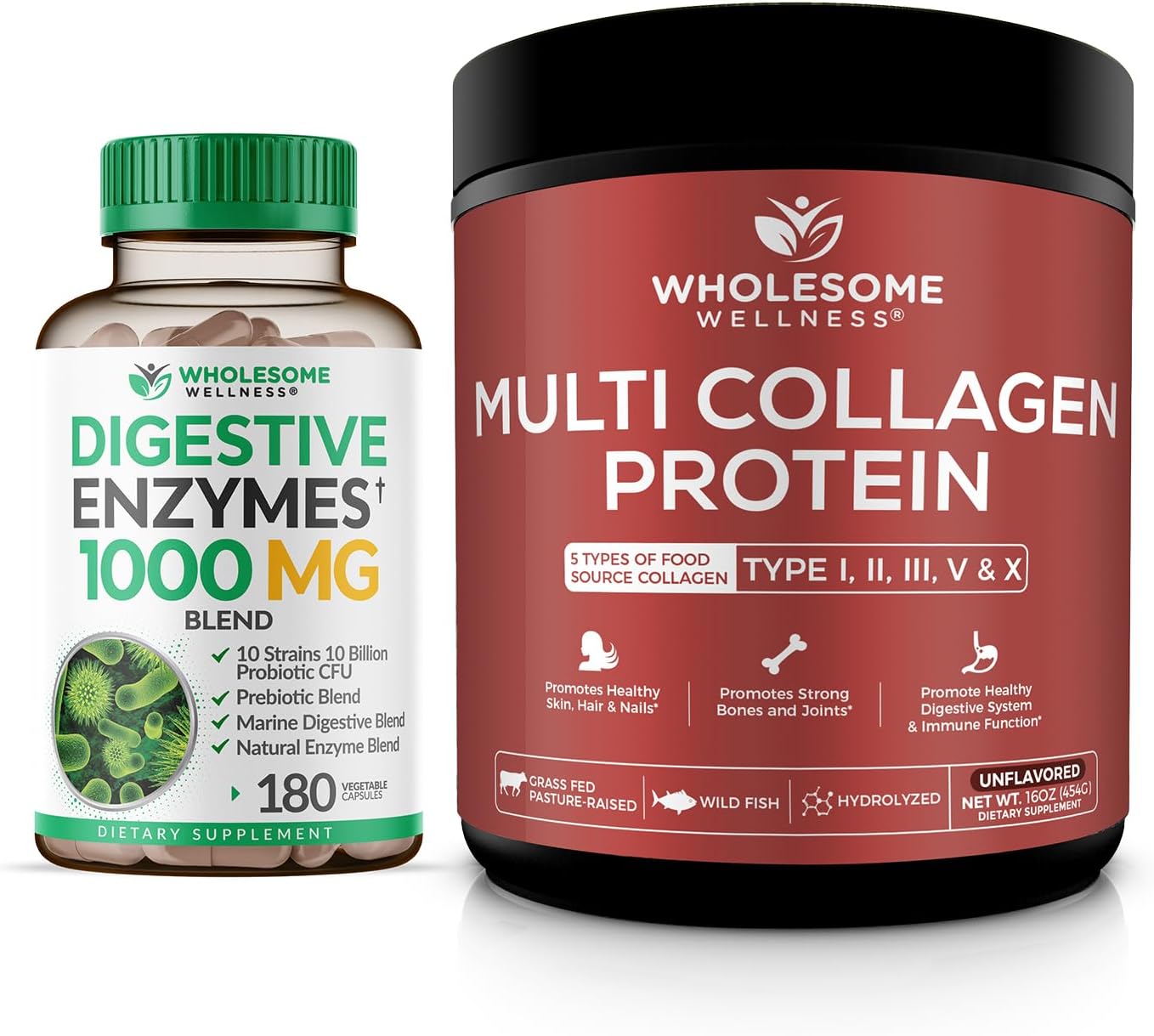 Wholesome Wellness Digestive Enzymes 1000MG Plus Prebiotics & Probiotics Supplement + Multi Collagen Protein Powder Hydrolyzed (Type I II III V X) Bundle Gsupps Australia