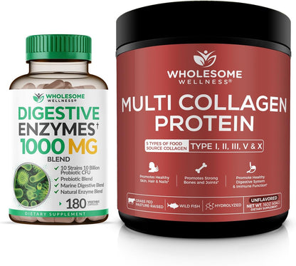 Wholesome Wellness Digestive Enzymes 1000MG Plus Prebiotics & Probiotics Supplement + Multi Collagen Protein Powder Hydrolyzed (Type I II III V X) Bundle Gsupps Australia