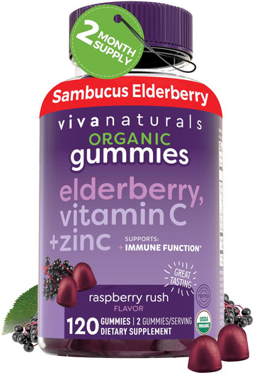 Viva Naturals Sambucus Elderberry Gummies for Adults - 150mg Black Elderberry Vitamin C and Zinc, 3-in-1 Daily Immune Support Gummies, Raspberry Rush Flavor
