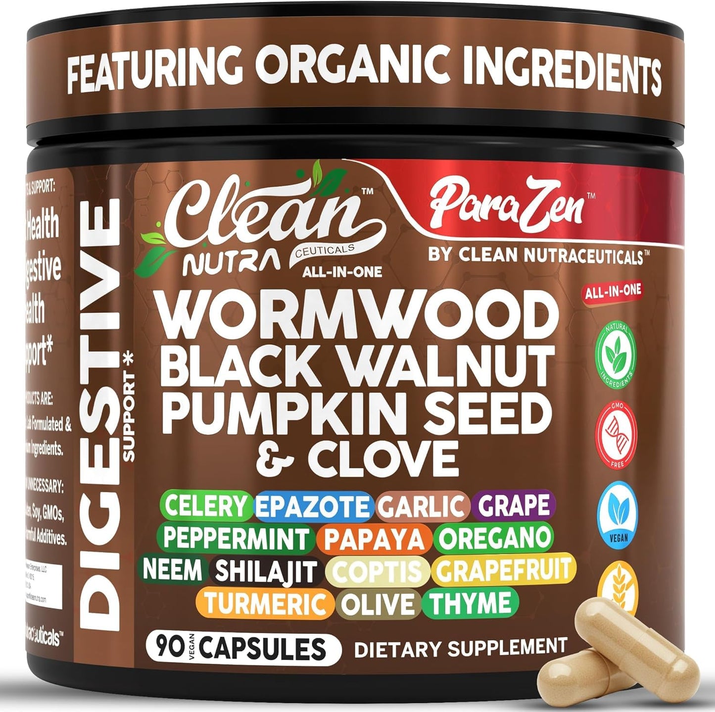 Clean Nutra Wormwood Black Walnut Pumpkin Seed Clove Oil Celery Garlic Grape Papaya Neem Diatomaceous Earth Womens Probiotic Gut Health Cleanse Detox Oregano Clean Nutraceuticals