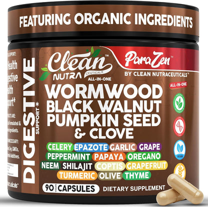 Clean Nutra Wormwood Black Walnut Pumpkin Seed Clove Oil Celery Garlic Grape Papaya Neem Diatomaceous Earth Womens Probiotic Gut Health Cleanse Detox Oregano Clean Nutraceuticals