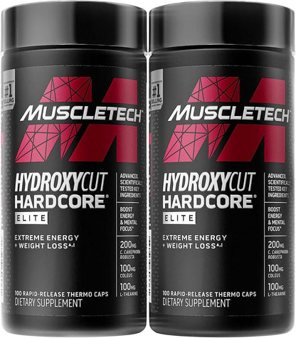 Hydroxycut Hardcore Elite - 100 Rapid-Release Thermo Caps - Energy & Focus - for Men & Women - 50 Servings (Pack of 2) Hydroxycut
