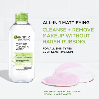 Garnier Micellar Water for Oily Skin, Facial Cleanser & Makeup Remover, Mattifying, For All Skin Types, Vegan, Cruelty Free, 13.5 Fl Oz (400mL), 1 Count Garnier